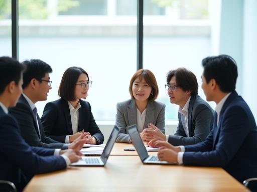 会議室で話し合う伸和工業のチームメンバー